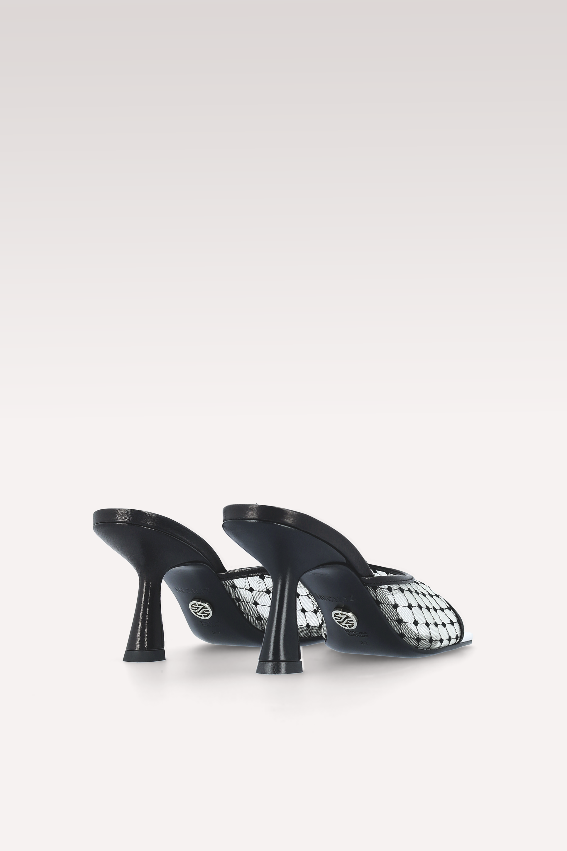 REY BLACK AND WHITE LEATHER AND DIAMOND MESH MULES