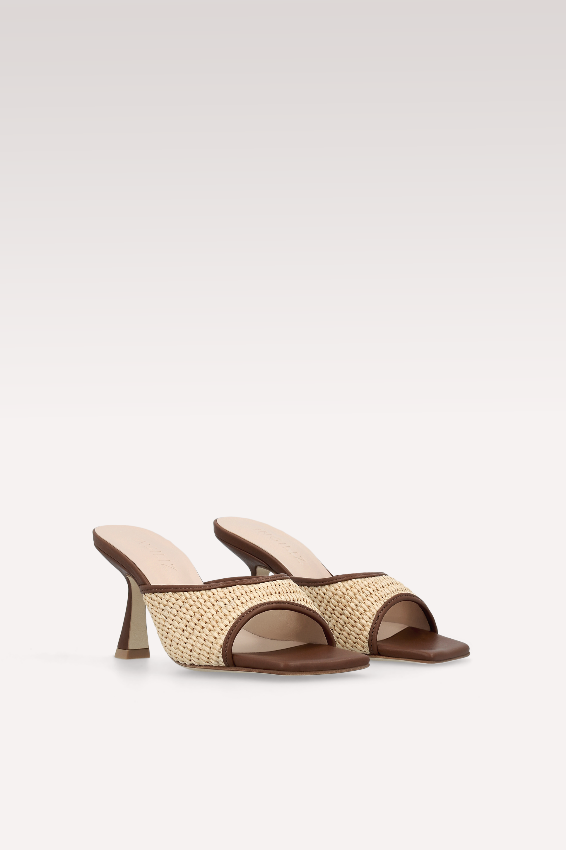REY CHOCOLATE BROWN LEATHER AND
RAFFIA MULES