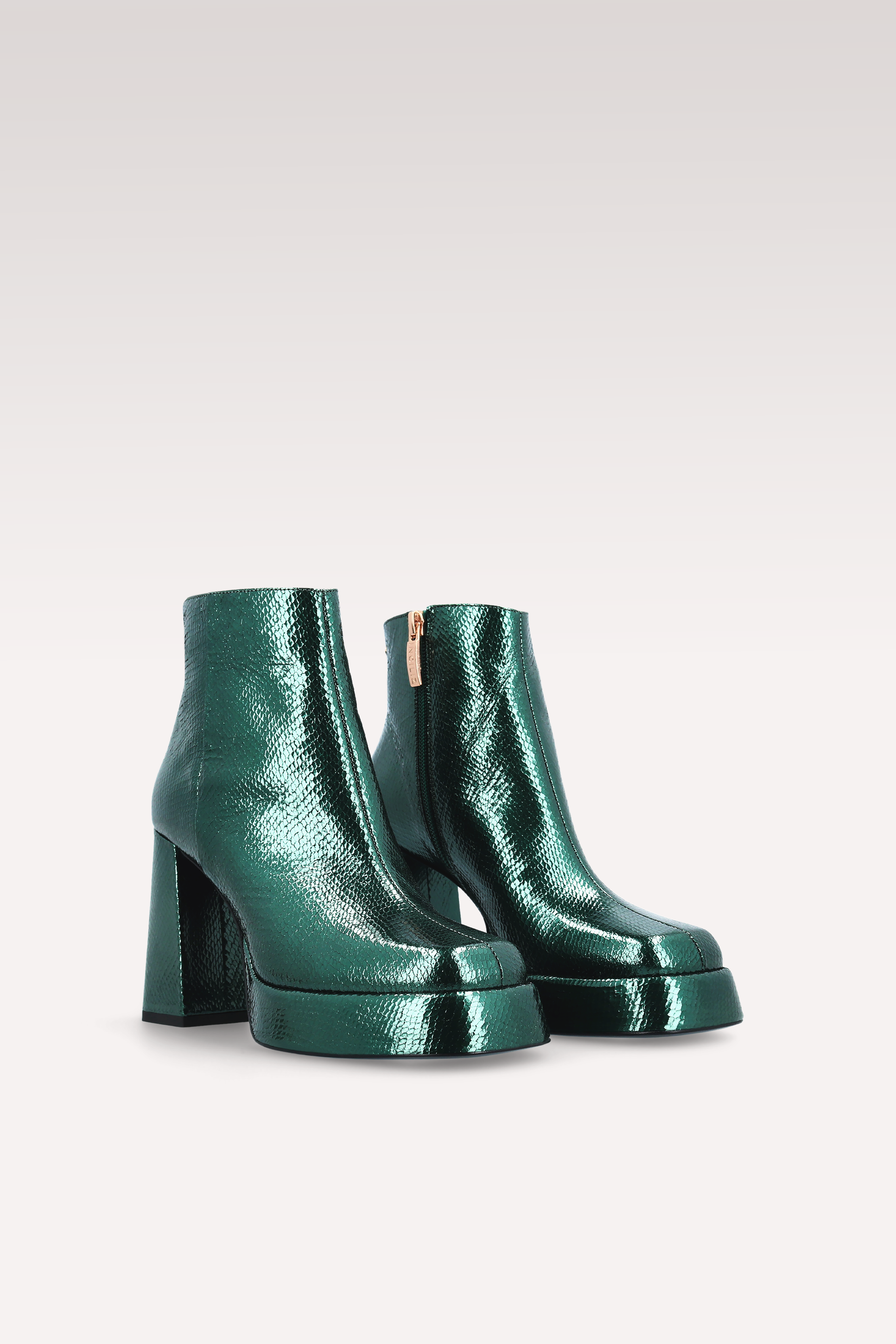 CINDY ZIP 02 MOSS GREEN MINI VIPER EMBOSSED LEATHER PLATFORM ANKLE BOOTS