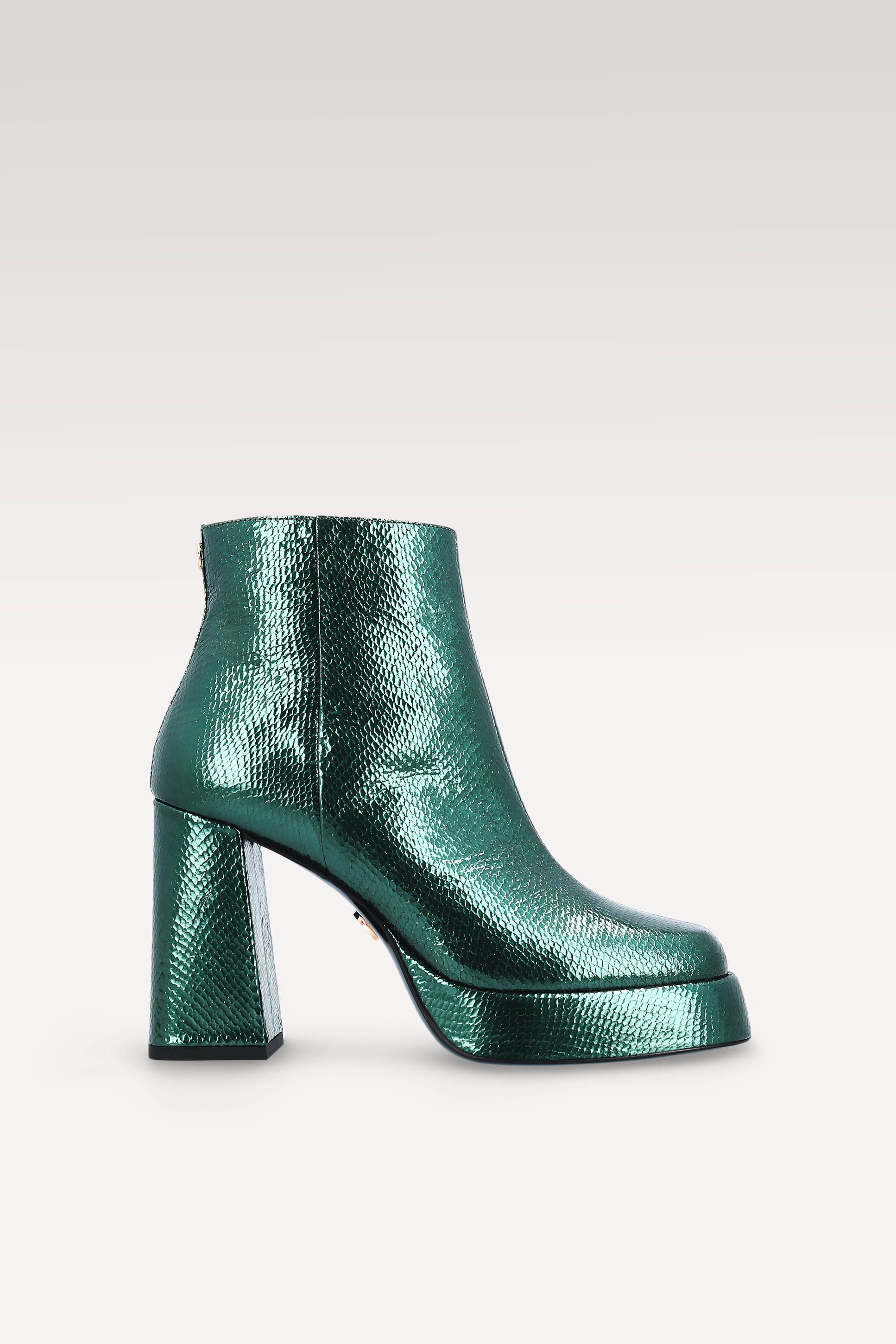 CINDY ZIP 02 MOSS GREEN MINI VIPER EMBOSSED LEATHER PLATFORM ANKLE BOOTS