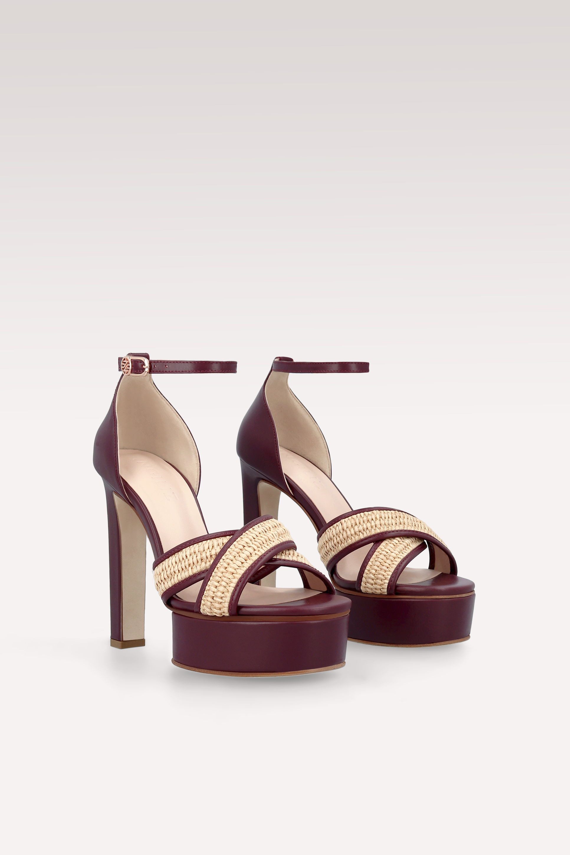 PATTY RAFFIA AND BORDEAUX LEATHER PLATFORM SANDALS