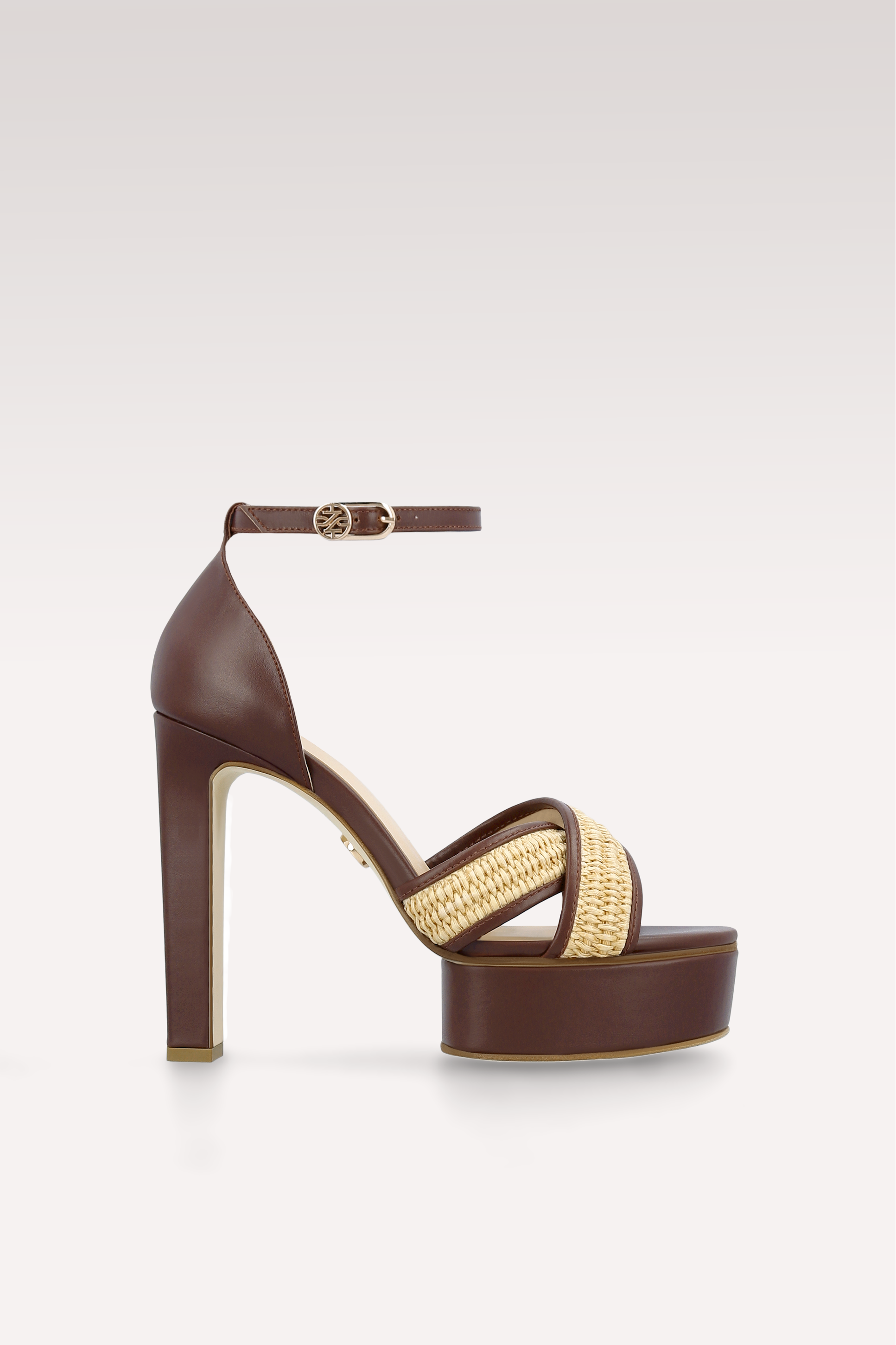 PATTY RAFFIA AND CHOCOLATE BROWN LEATHER PLATFORM SANDALS