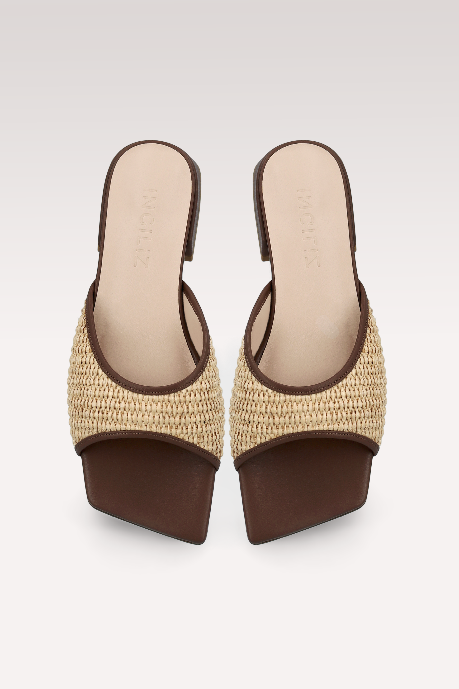 REYA CHOCOLATE BROWN LEATHER AND
RAFFIA MULE