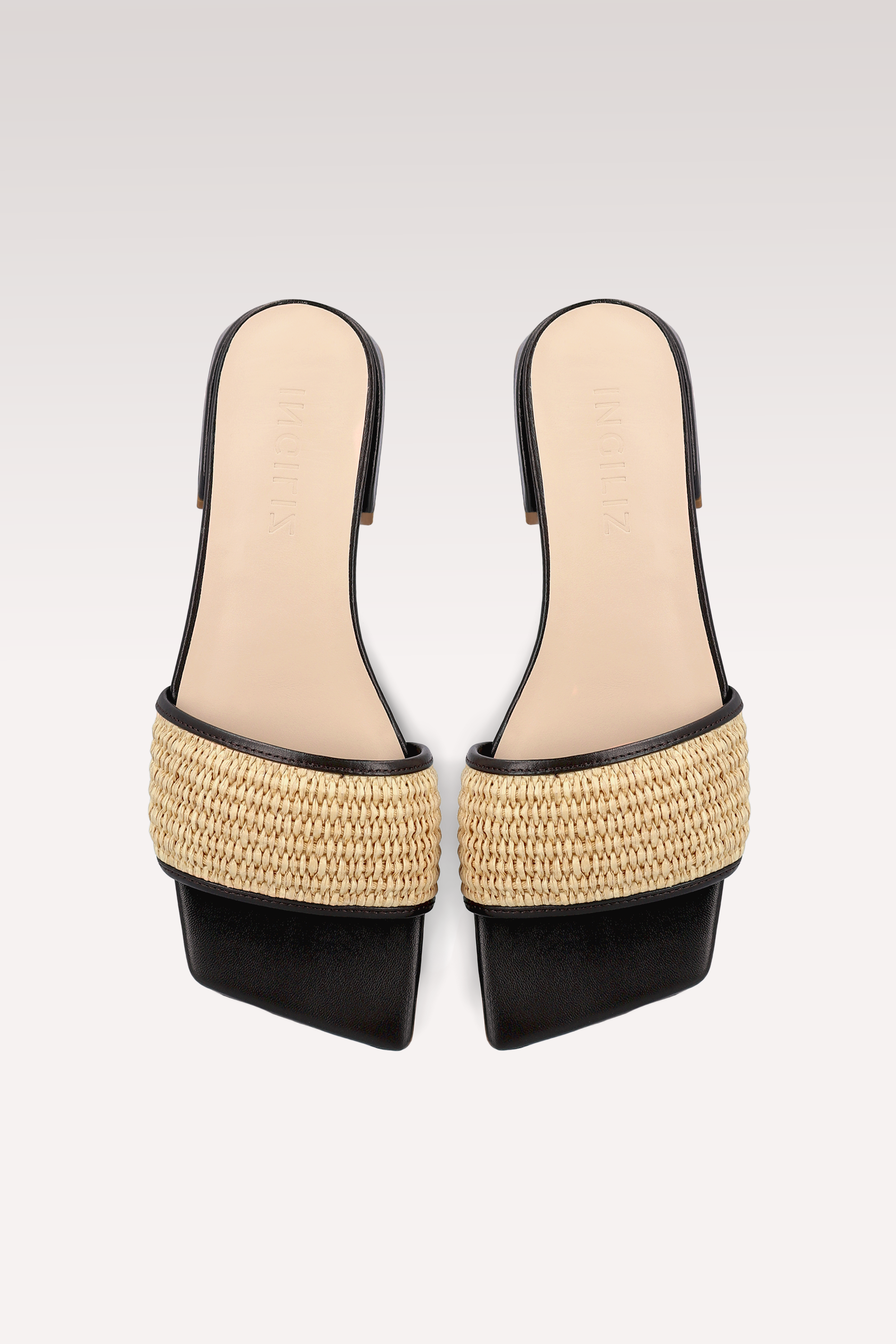 LEXA RAFFIA AND BROWN LEATHER MULES