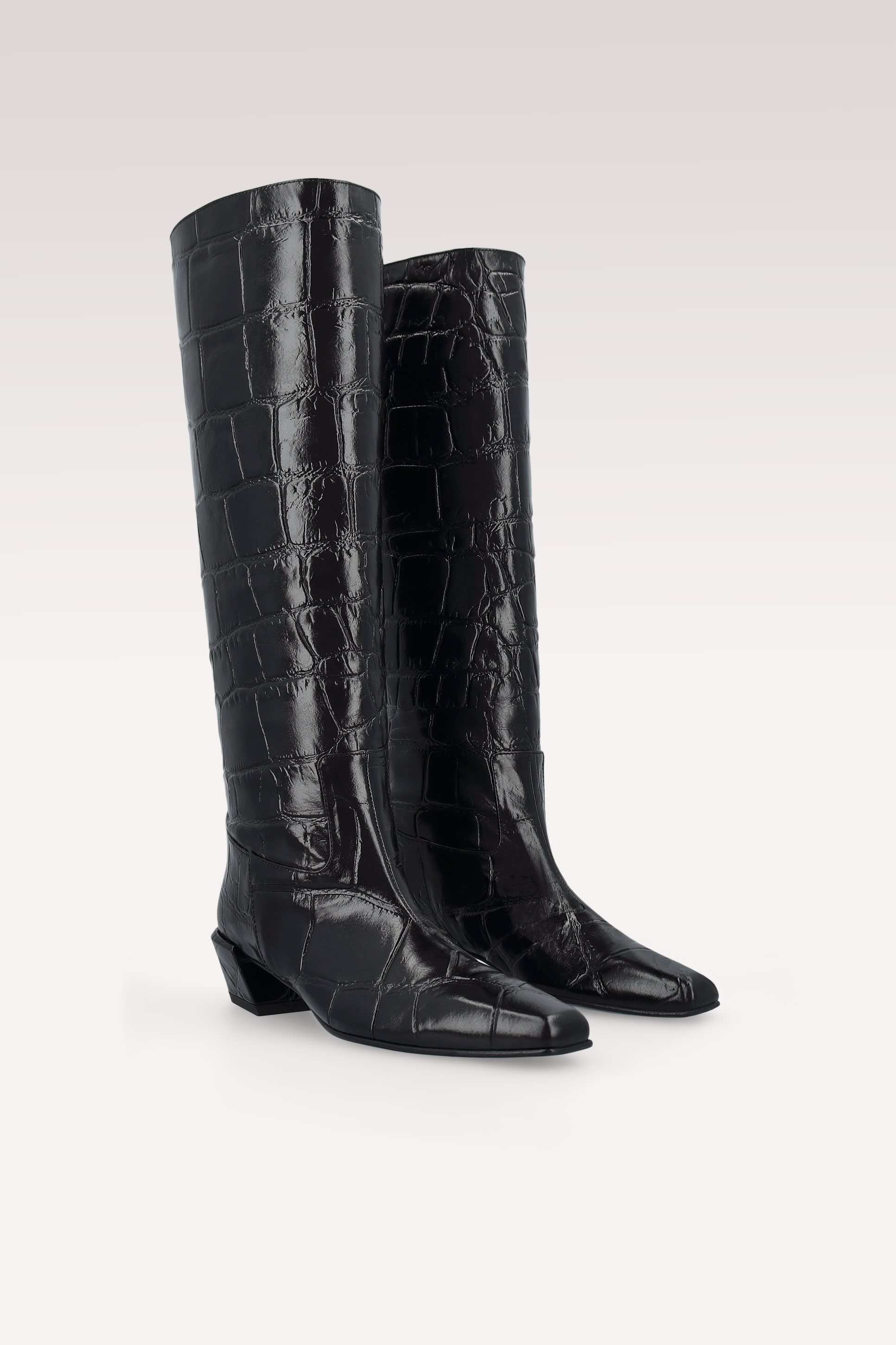 ELOISE BLACK COCCO EMBOSSED LEATHER BOOTS AND MILLY MINI BAG