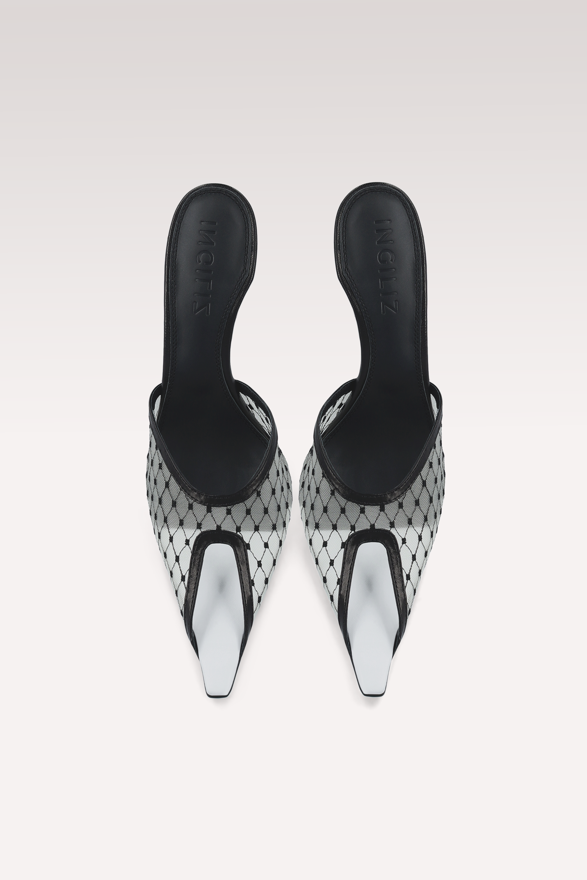 VELLORA BLACK AND WHITE LEATHER AND MESH MULES