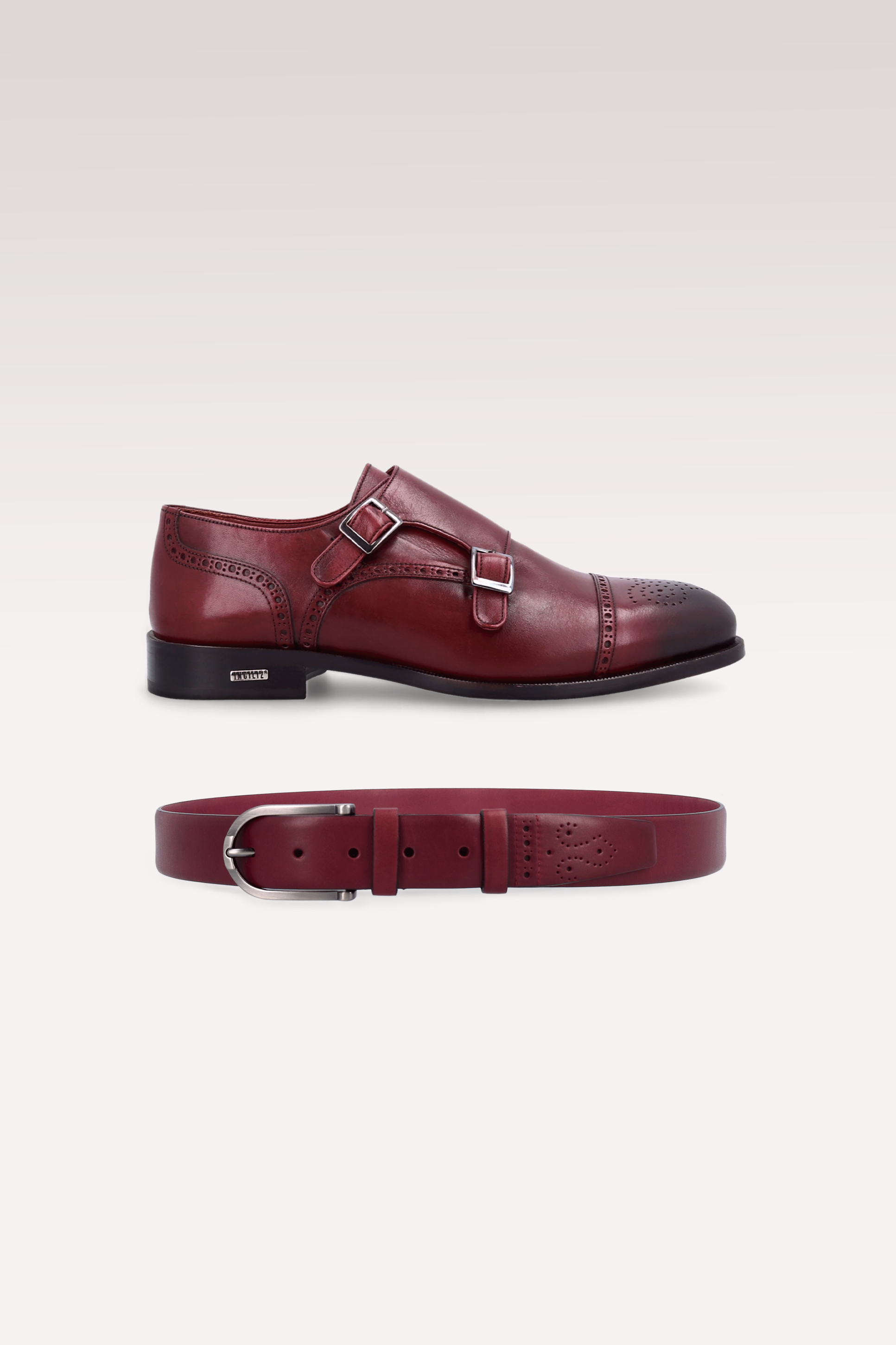 TRENTO 01 BORDEAUX LEATHER MONK STRAP SHOES AND ALEN LEATHER BELT