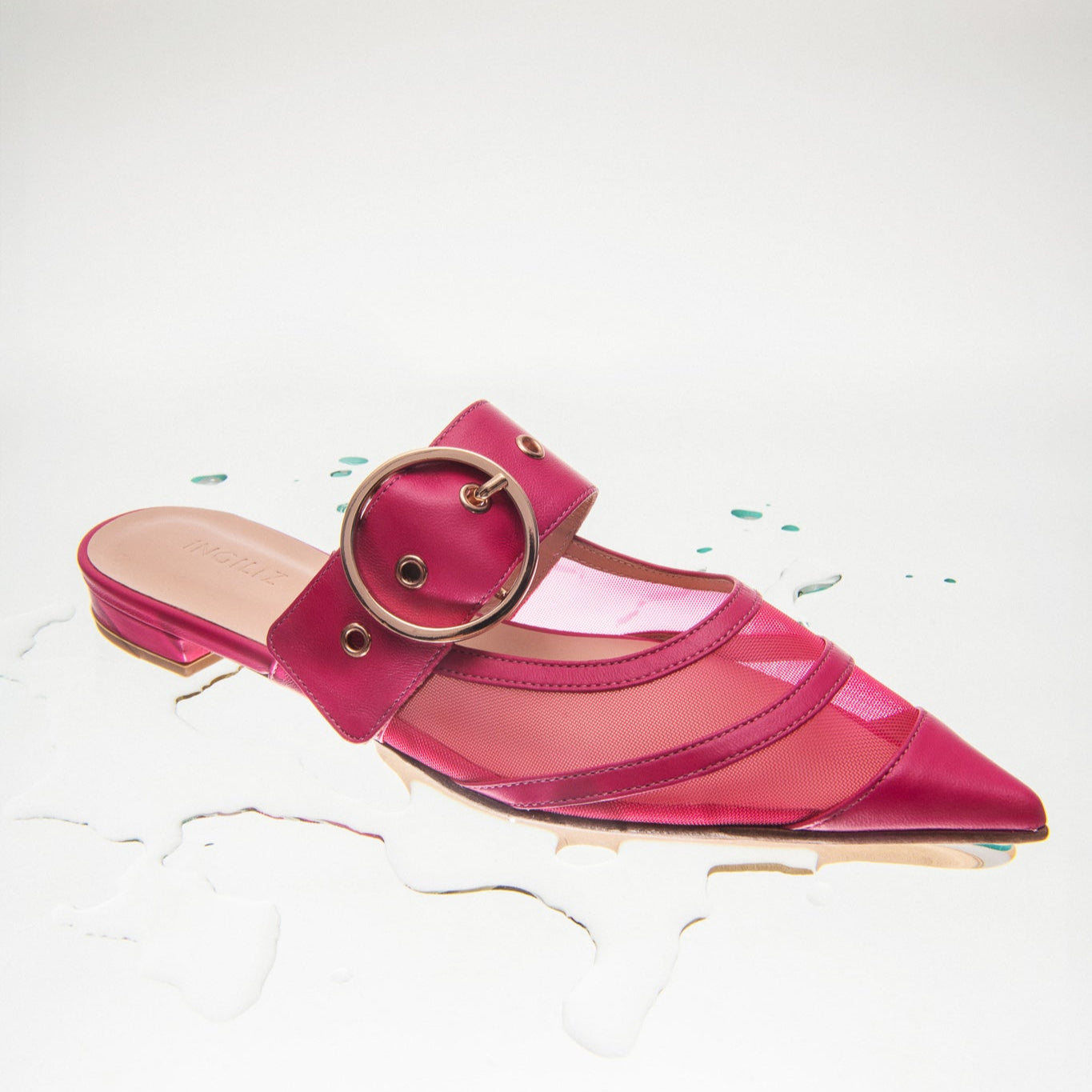 MULES AMELIA IN PELLE E RETE CICLAMINO