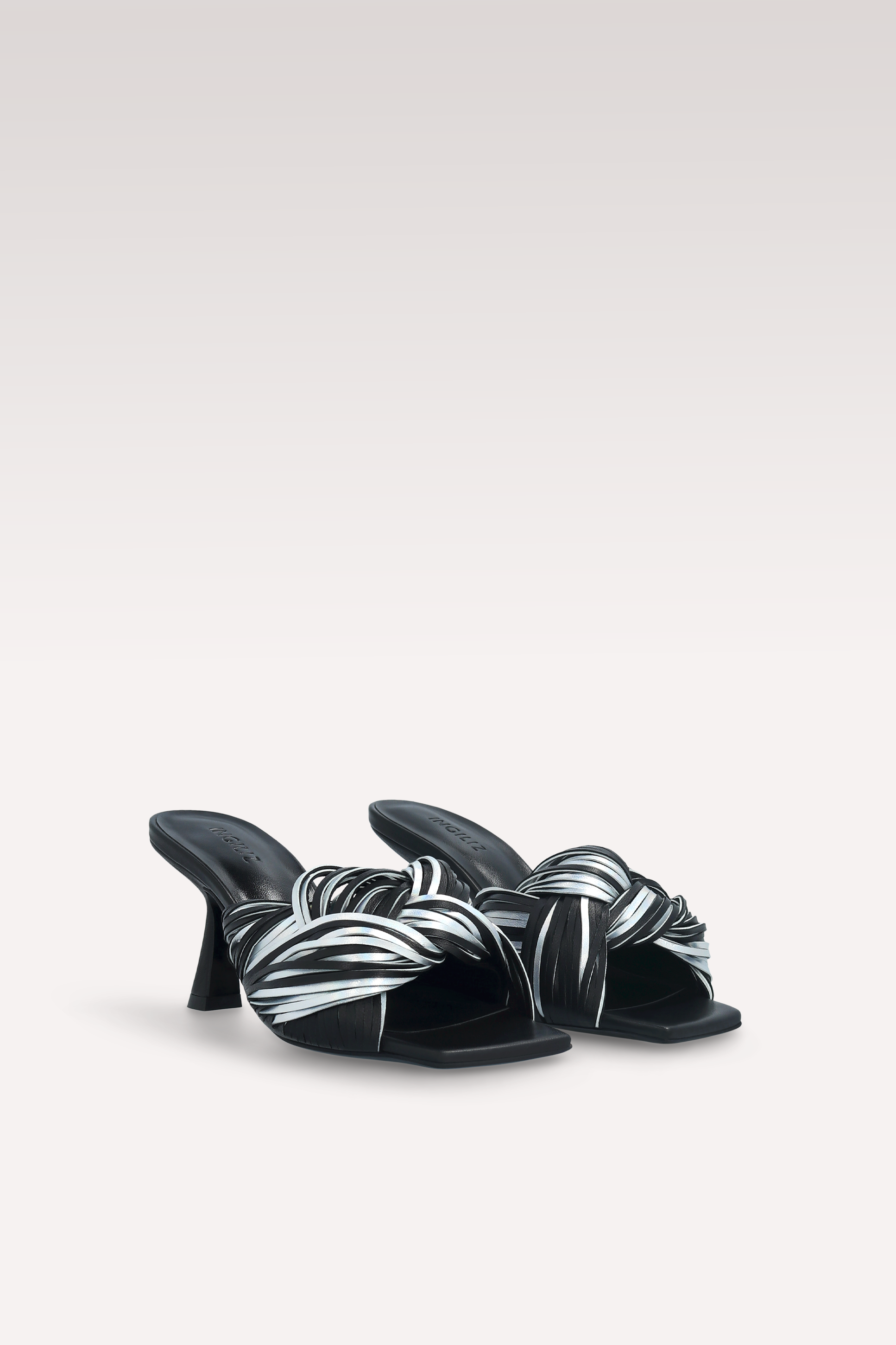 REESE BLACK NAPPA AND SILVER METALLIC LEATHER MULES