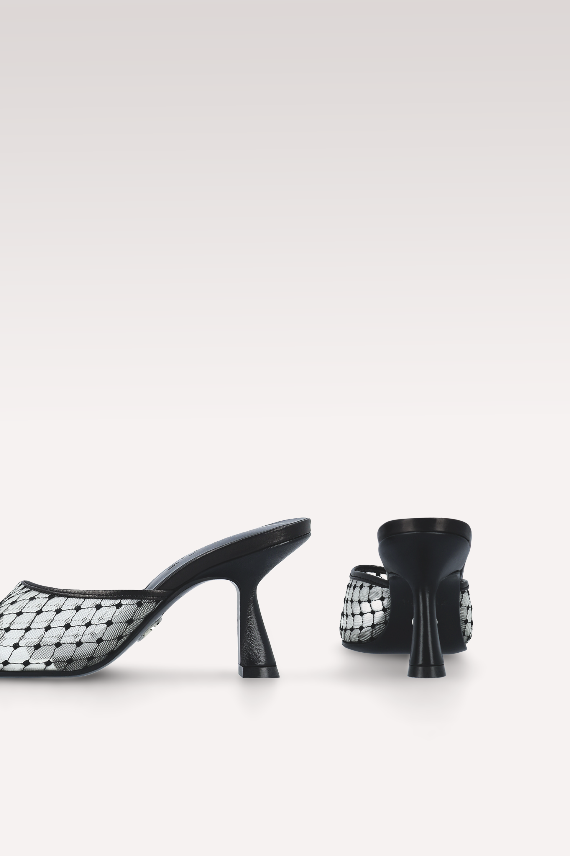 REY BLACK AND WHITE LEATHER AND DIAMOND MESH MULES