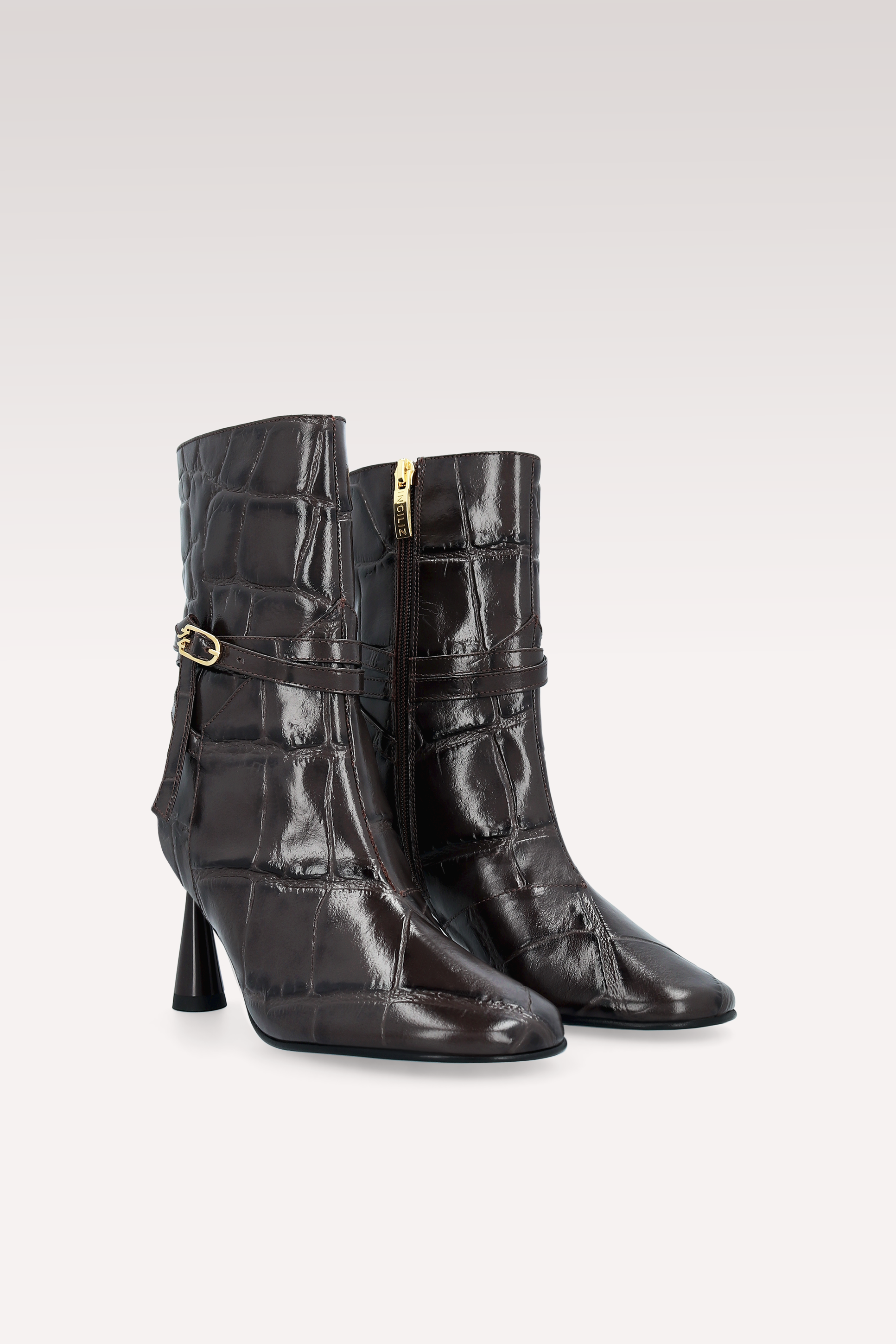 ZELDA BROWN COCCO EMBOSSED LEATHER ANKLE BOOTS AND DALIA SHOULDER BAG