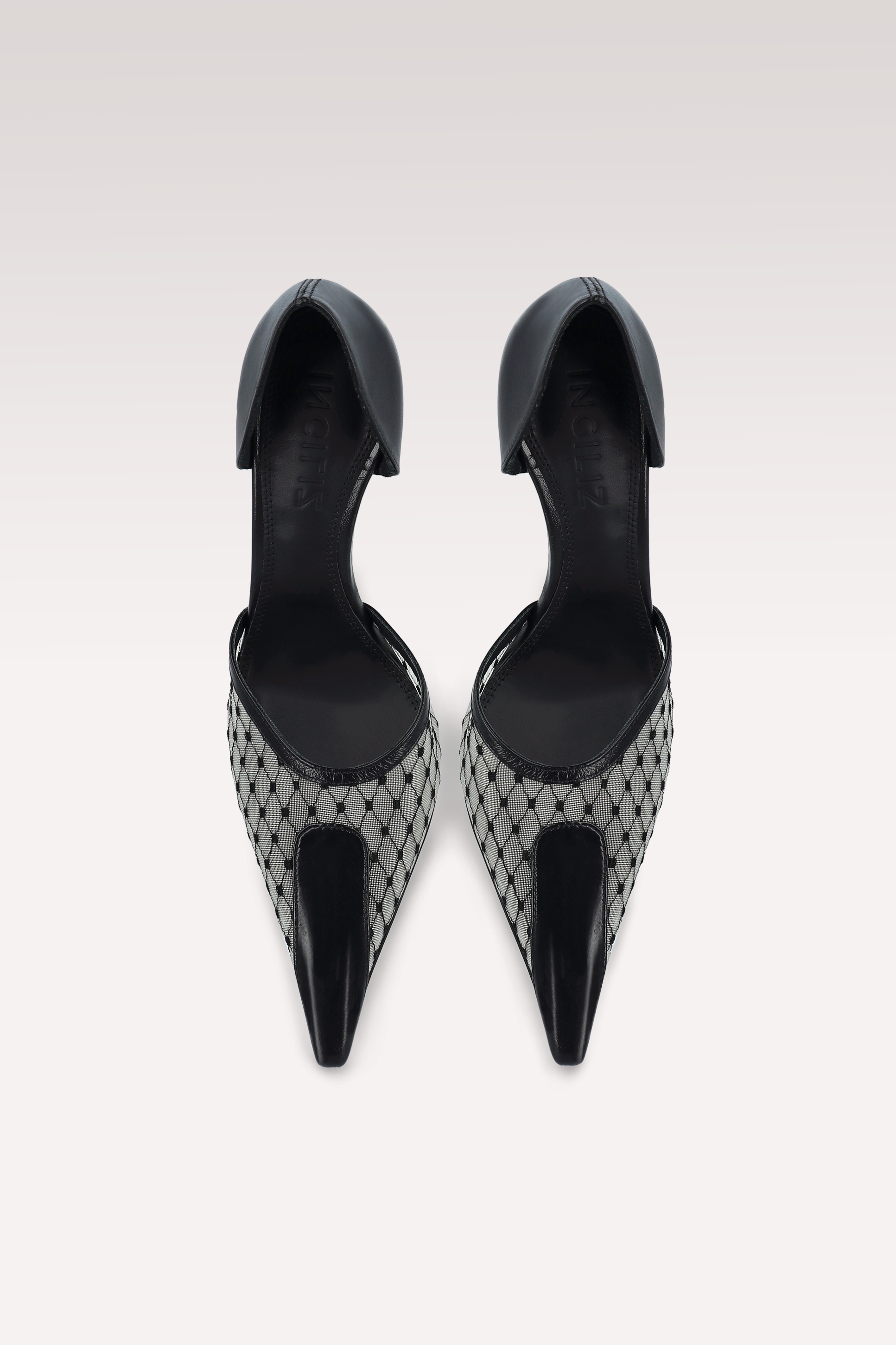 VELVET BLACK LEATHER AND DIAMOND NET PUMPS